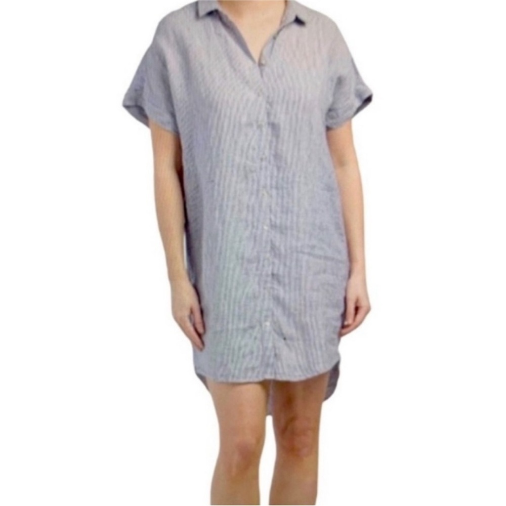 Tahari Railroad Striped Linen ShirtDress Sz L Nautical Blue White Coastal Beach - Picture 13 of 13